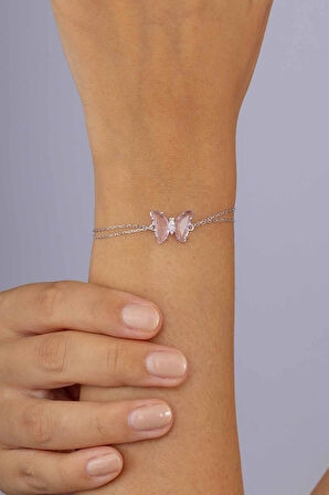 Gümüş Pazarım Pembe Taşlı Kelebek Gümüş Bileklik