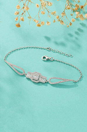 Gümüş Pazarım Baget Taşlı Pırlanta Montür Kadın  Gümüş Bileklik