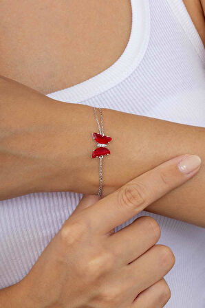 Gümüş Pazarım Kırmızı Taşlı Kelebek Gümüş Bileklik