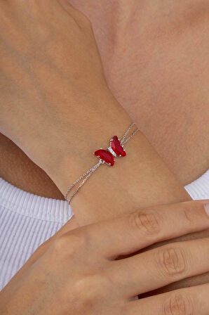 Gümüş Pazarım Kırmızı Taşlı Kelebek Gümüş Bileklik