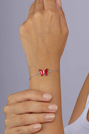 Gümüş Pazarım Kırmızı Taşlı Kelebek Gümüş Bileklik