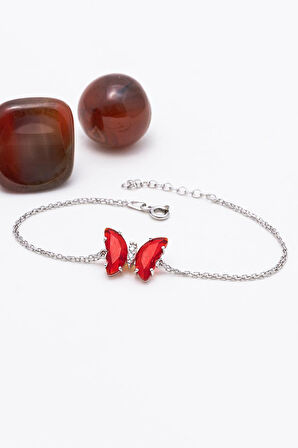 Gümüş Pazarım Kırmızı Taşlı Kelebek Gümüş Bileklik