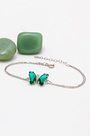 Gümüş Pazarım Yeşil Taşlı Kelebek Gümüş Bileklik