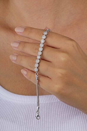 Gümüş Pazarım Rodyum Kaplama Yuvarlak Taşlı Gümüş  Bileklik