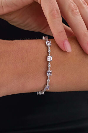 Gümüş Pazarım Beyaz Taşlı Sıralı Su Yolu Gümüş Bileklik