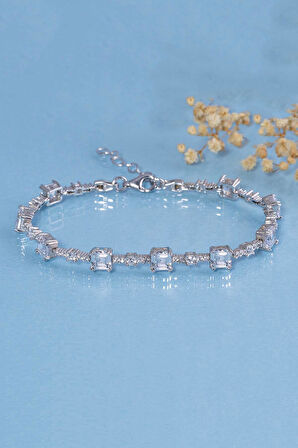 Gümüş Pazarım Beyaz Taşlı Sıralı Su Yolu Gümüş Bileklik