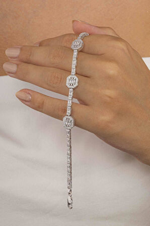 Gümüş Pazarım Baget Taşlı Sıralı Su Yolu Gümüş Bileklik