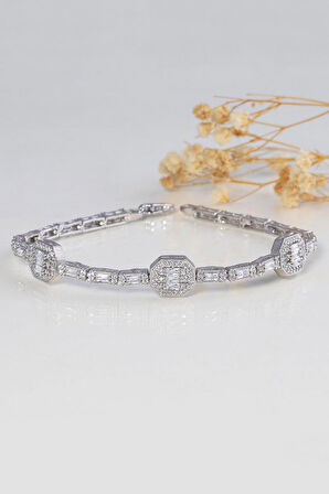 Gümüş Pazarım Baget Taşlı Sıralı Su Yolu Gümüş Bileklik