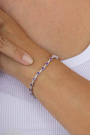 Gümüş Pazarım Mor Taşlı Süzme Su Yolu Gümüş Bileklik