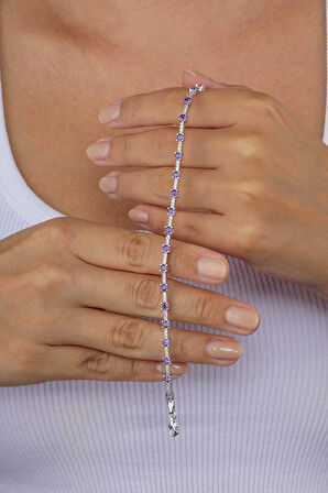 Gümüş Pazarım Mor Taşlı Süzme Su Yolu Gümüş Bileklik