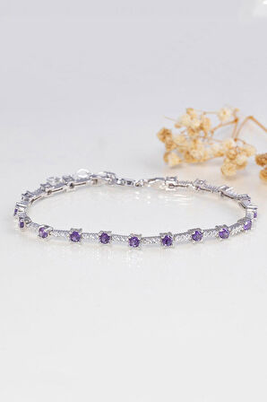 Gümüş Pazarım Mor Taşlı Süzme Su Yolu Gümüş Bileklik