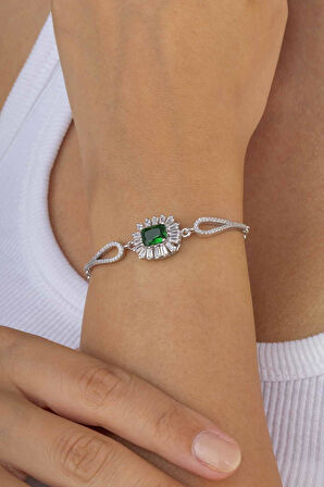 Gümüş Pazarım Elmas Montür Zümrüt Dikdörtgen Taşlı Gümüş Bileklik