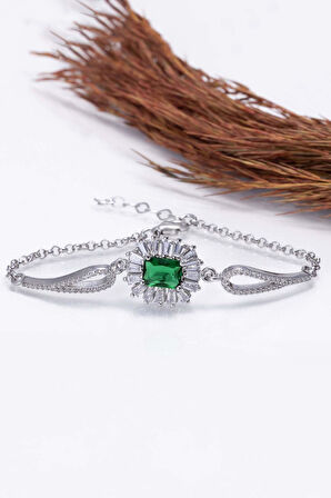 Gümüş Pazarım Elmas Montür Zümrüt Dikdörtgen Taşlı Gümüş Bileklik