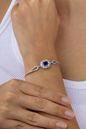 Gümüş Pazarım Elmas Montür Safir Dikdörtgen Taşlı Gümüş Bileklik