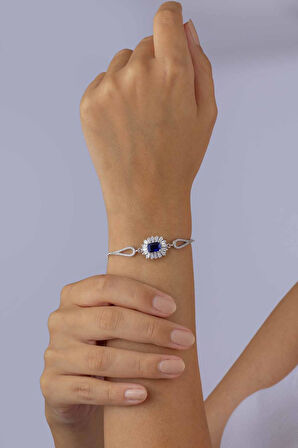 Gümüş Pazarım Elmas Montür Safir Dikdörtgen Taşlı Gümüş Bileklik