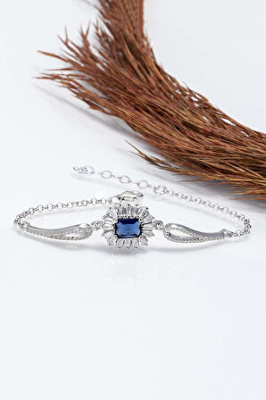 Gümüş Pazarım Elmas Montür Safir Dikdörtgen Taşlı Gümüş Bileklik