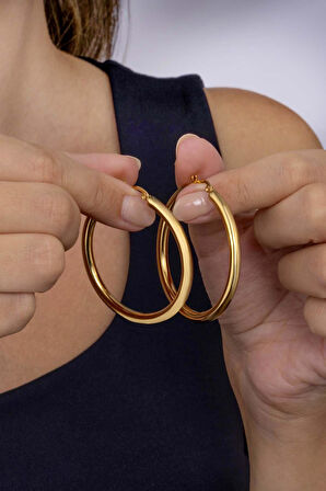 Gümüş Pazarım Altın Kaplama Büyük Boy Halka Çelik Küpe