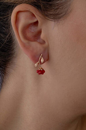 Gümüş Pazarım Kırmızı Gül Gümüş Küpe