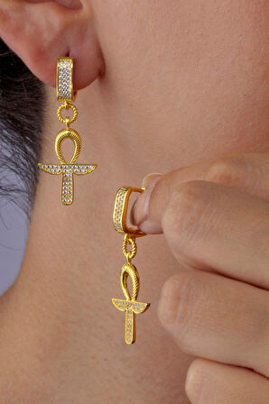 Gümüş Pazarım Altın Kaplama 925 Ayar Gümüş Ankh Sembol Küpe