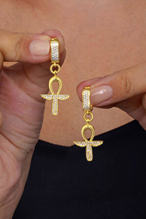 Gümüş Pazarım Altın Kaplama 925 Ayar Gümüş Ankh Sembol Küpe