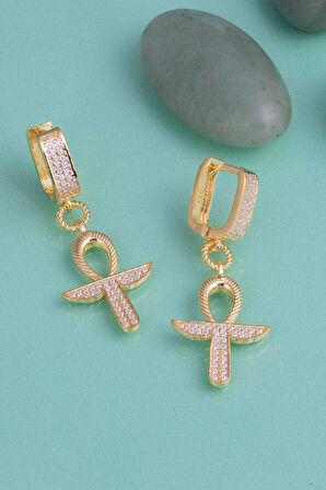 Gümüş Pazarım Altın Kaplama 925 Ayar Gümüş Ankh Sembol Küpe