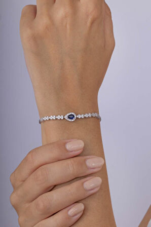 Gümüş Pazarım Safir Taşlı Damla Motifli Rodyum Kaplama Gümüş Bileklik