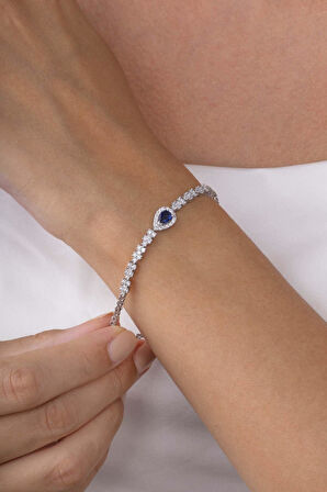 Gümüş Pazarım Safir Taşlı Damla Motifli Rodyum Kaplama Gümüş Bileklik