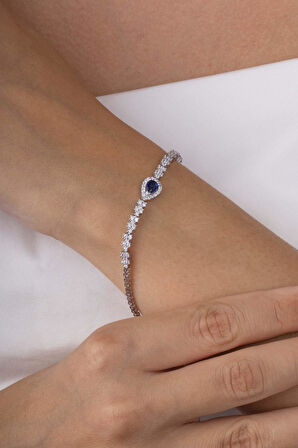 Gümüş Pazarım Safir Taşlı Damla Motifli Rodyum Kaplama Gümüş Bileklik