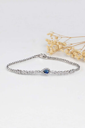 Gümüş Pazarım Safir Taşlı Damla Motifli Rodyum Kaplama Gümüş Bileklik