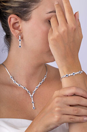 Gümüş Pazarım Safir Taşlı Su Yolu Pırlanta Montür Rodyum Kaplama Gümüş Düğün Seti