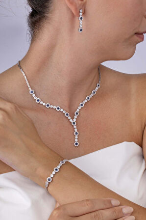 Gümüş Pazarım Safir Taşlı Su Yolu Pırlanta Montür Rodyum Kaplama Gümüş Düğün Seti