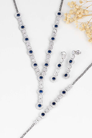 Gümüş Pazarım Safir Taşlı Su Yolu Pırlanta Montür Rodyum Kaplama Gümüş Düğün Seti