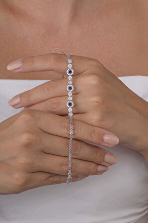 Gümüş Pazarım Safir Taşlı Su Yolu Pırlanta Montür Rodyum Kaplama Gümüş Bileklik