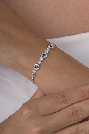 Gümüş Pazarım Safir Taşlı Su Yolu Pırlanta Montür Rodyum Kaplama Gümüş Bileklik