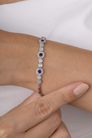 Gümüş Pazarım Safir Taşlı Su Yolu Pırlanta Montür Rodyum Kaplama Gümüş Bileklik