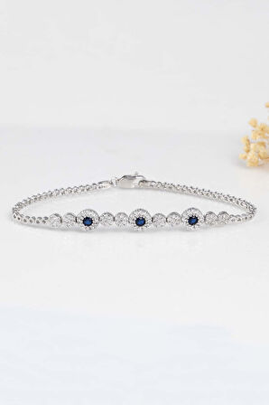 Gümüş Pazarım Safir Taşlı Su Yolu Pırlanta Montür Rodyum Kaplama Gümüş Bileklik