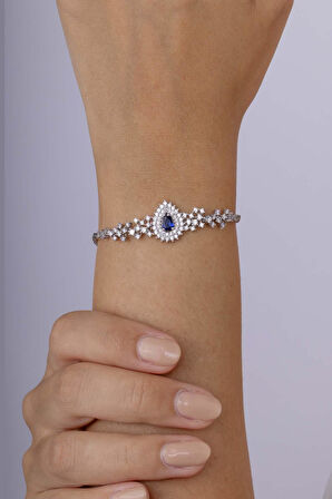 Gümüş Pazarım Hürrem Sultan Modeli Safir Taşllı Damla Motifli 925 Ayar Gümüş Bileklik