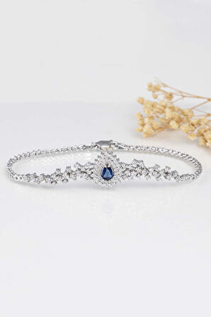 Gümüş Pazarım Hürrem Sultan Modeli Safir Taşllı Damla Motifli 925 Ayar Gümüş Bileklik