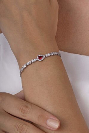 Gümüş Pazarım Yakut Taşlı Damla Motifli Rodyum Kaplama Gümüş Bileklik