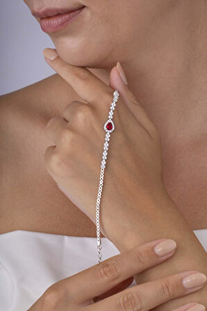 Gümüş Pazarım Yakut Taşlı Damla Motifli Rodyum Kaplama Gümüş Bileklik