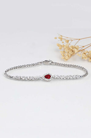 Gümüş Pazarım Yakut Taşlı Damla Motifli Rodyum Kaplama Gümüş Bileklik