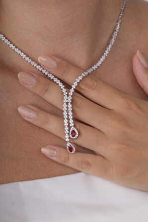 Gümüş Pazarım Yakut Taşlı Damla Motifli Rodyum Kaplama Gümüş Kolye