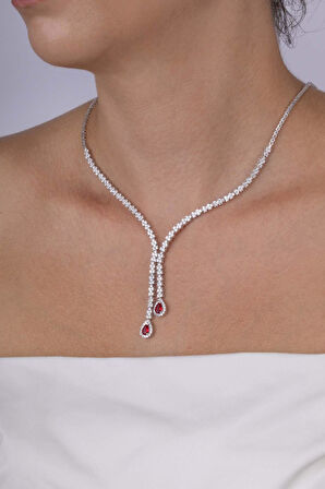 Gümüş Pazarım Yakut Taşlı Damla Motifli Rodyum Kaplama Gümüş Kolye