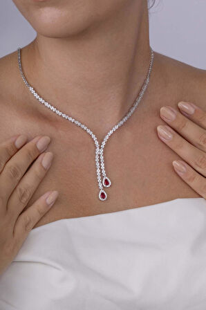 Gümüş Pazarım Yakut Taşlı Damla Motifli Rodyum Kaplama Gümüş Kolye