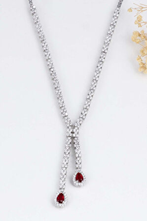 Gümüş Pazarım Yakut Taşlı Damla Motifli Rodyum Kaplama Gümüş Kolye