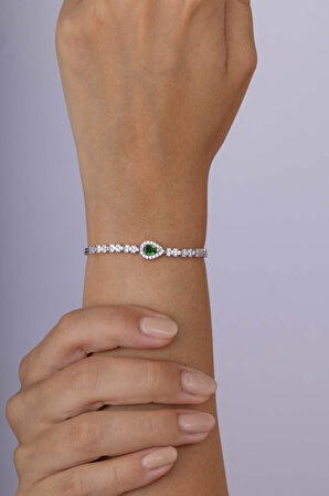 Gümüş Pazarım Zümrüt Taşlı Damla Motifli Rodyum Kaplama Gümüş Bileklik