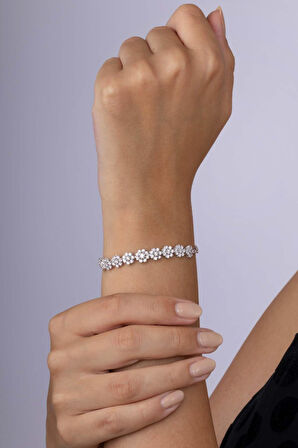 Gümüş Pazarım Papatya Montürlü Rodyum Kaplama 925 Ayar Gümüş Bileklik