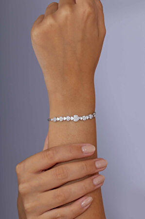 Gümüş Pazarım PRodyum Kaplama 925 Ayar Kalpli Süzme Su Yolu Gümüş Bileklik