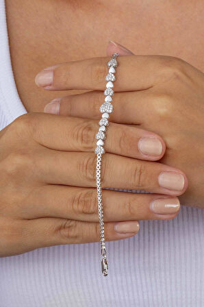 Gümüş Pazarım PRodyum Kaplama 925 Ayar Kalpli Süzme Su Yolu Gümüş Bileklik