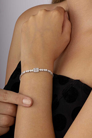 Gümüş Pazarım Baget Taşlı Rodyum Kaplama Su Yolu 925 Ayar Gümüş Bileklik